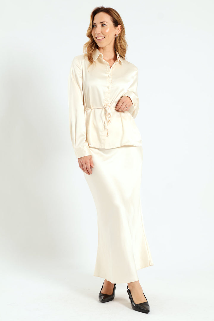 Belted Satin Shirt - Cream
