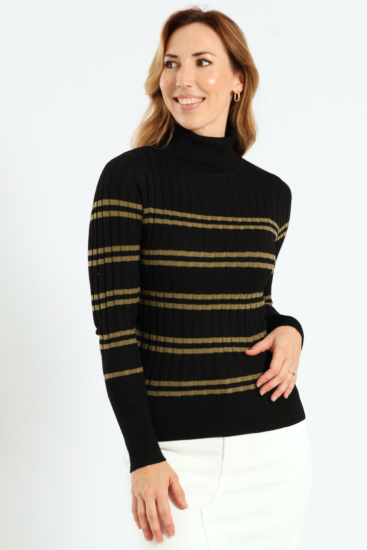 Ribbed Striped Poloneck - Black/Light Fatigue