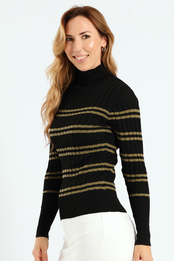 Ribbed Striped Poloneck - Black/Light Fatigue