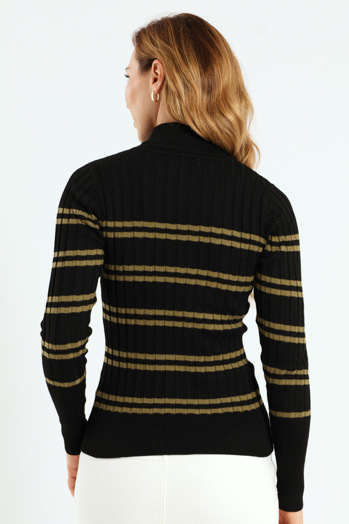 Ribbed Striped Poloneck - Black/Light Fatigue