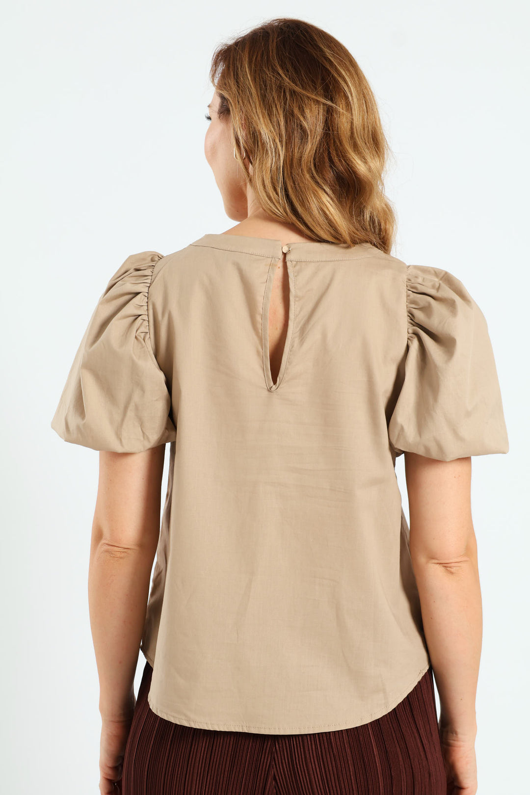 Bubble Sleeve Neck Motif Poplin Top - Dark Beige
