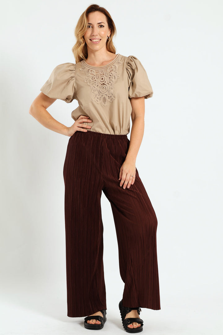 Plisse Wideleg Pants - Bitter Chocolate