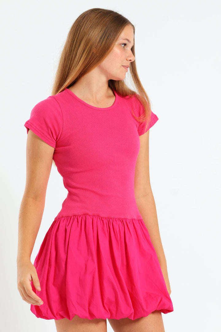 Girls Bubble Rib Dress - Cerise