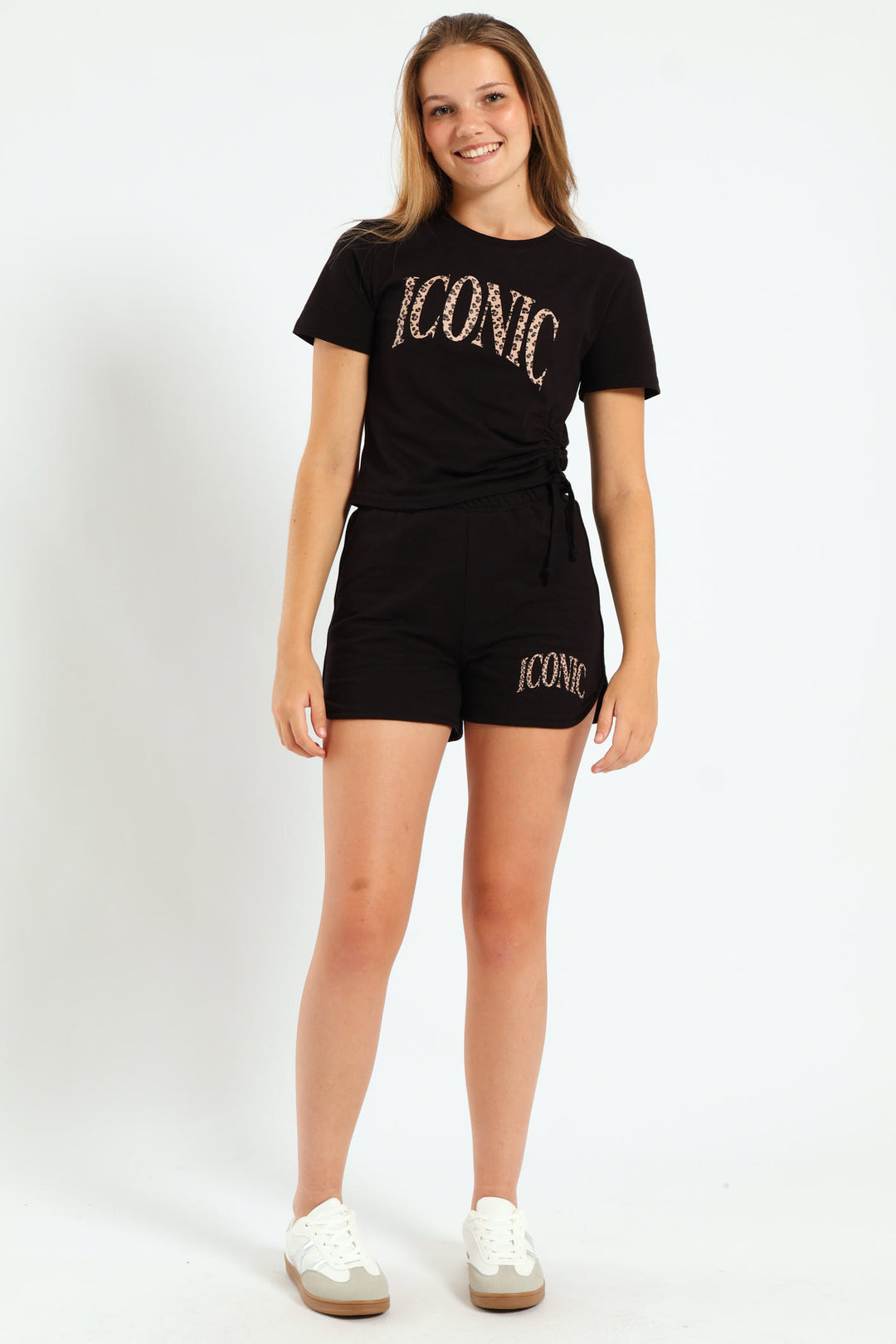Girls Drawstring Print Top - Black