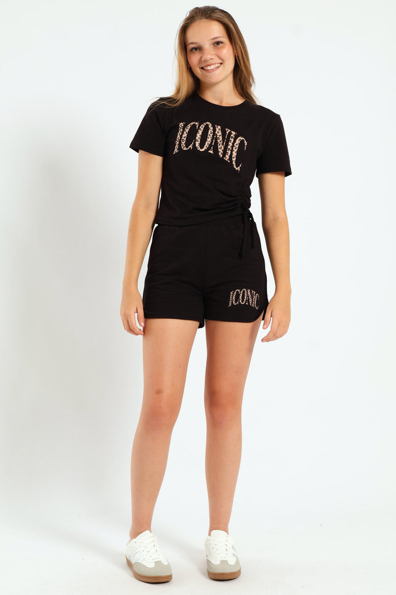 Girls Drawstring Print Top - Black