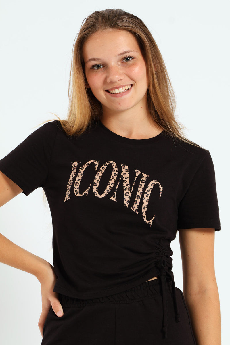 Girls Drawstring Print Top - Black