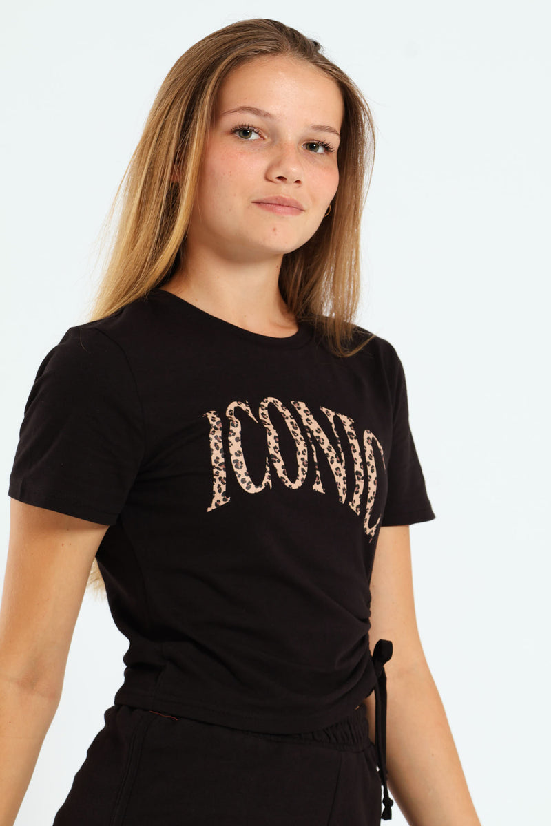Girls Drawstring Print Top - Black