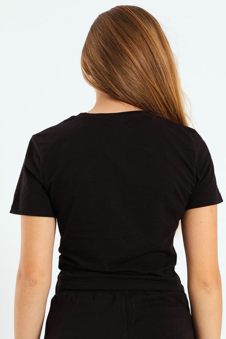 Girls Drawstring Print Top - Black