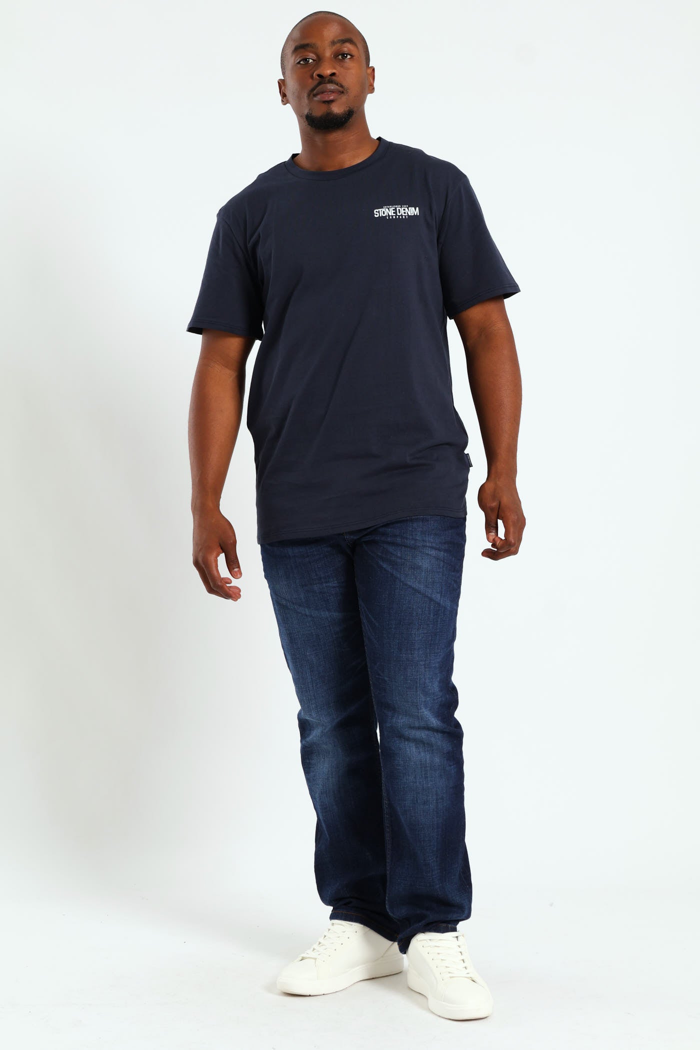 その他 salsation Round Neck T-Shirt Blue Denim Mens Superior Stone Denim Front & Back Print Tee - Navy – Edgars
