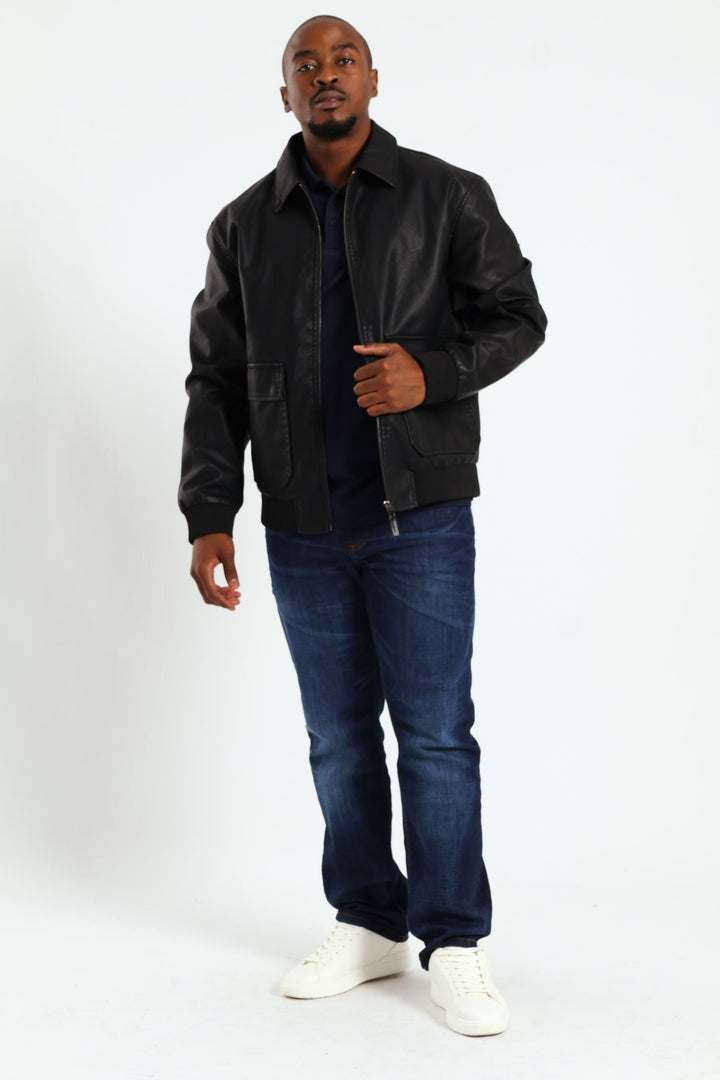 PU Zip Through Bomber - Black