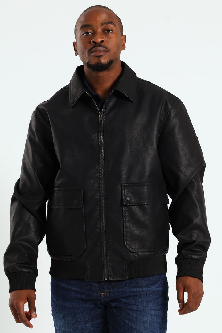 PU Zip Through Bomber - Black