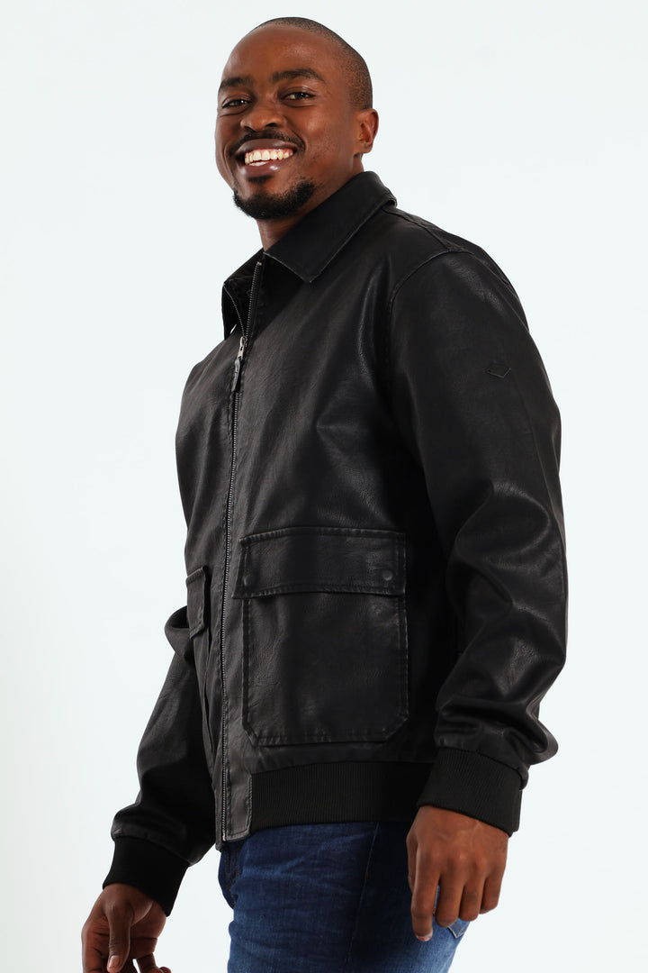 PU Zip Through Bomber - Black