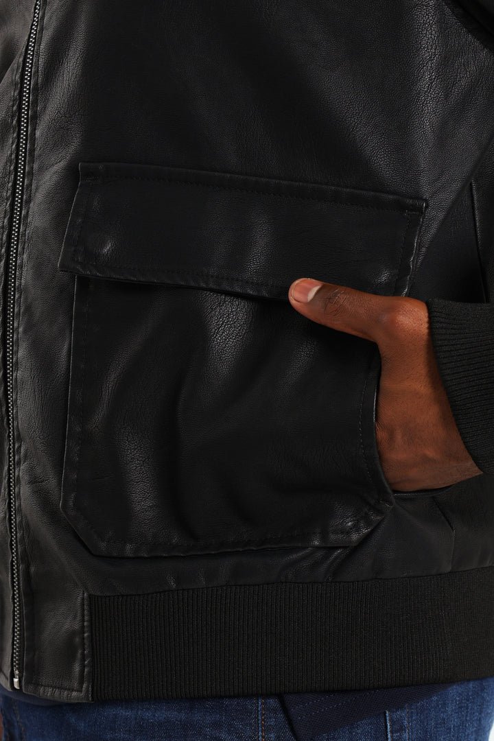 PU Zip Through Bomber - Black