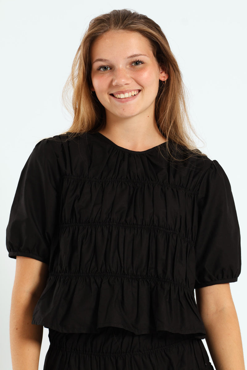 Girls Shirring Top - Black