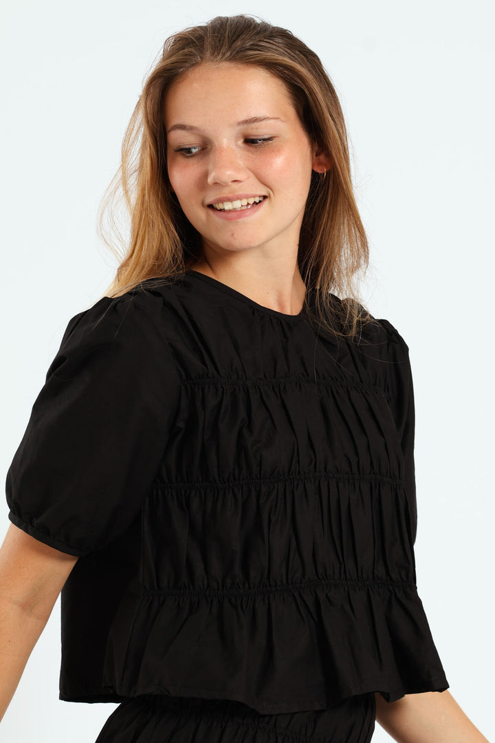 Girls Shirring Top - Black