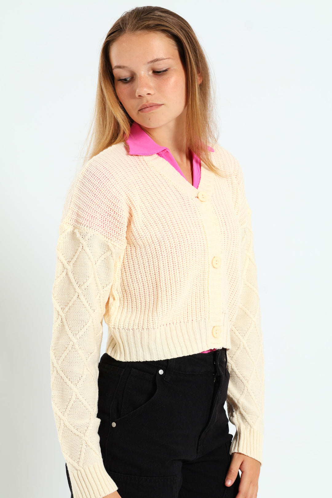 Girls Diamond Cardigan - Cream