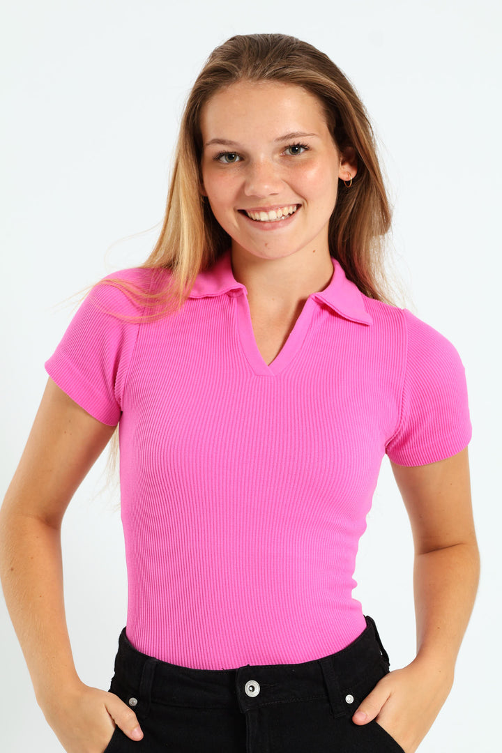 Girls J Collar Seamless Bodysuit - Pink