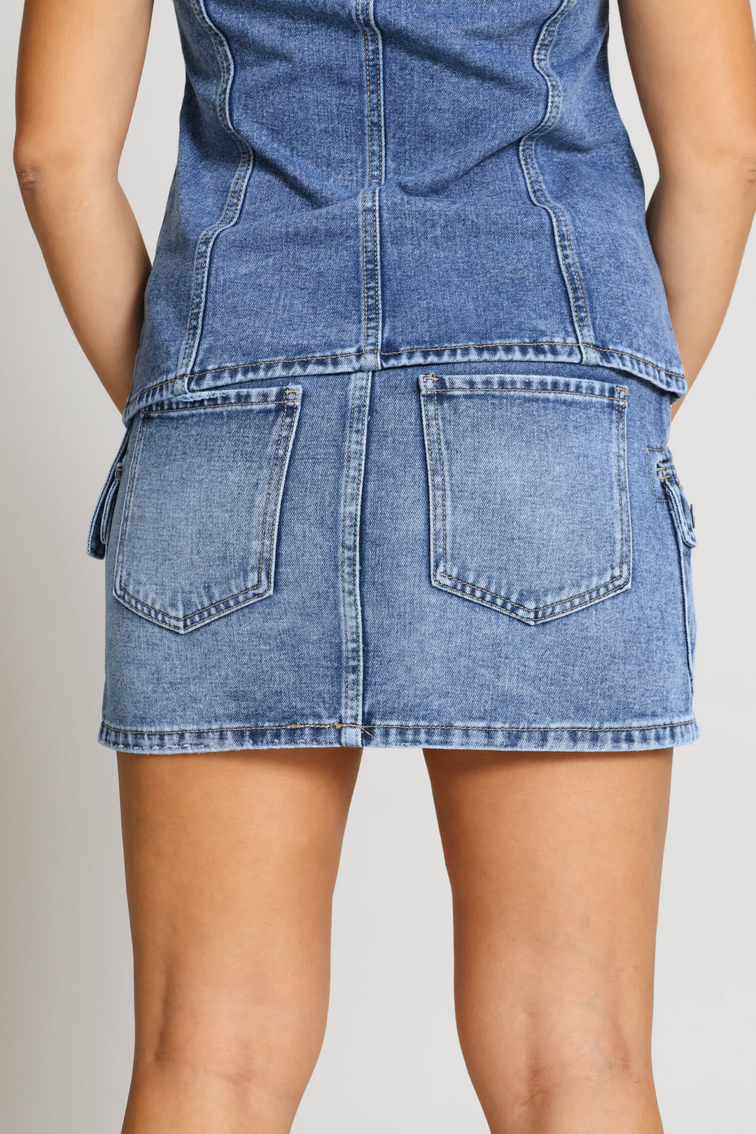 Adjustable Waist Utility Cargo Mini Skirt - Salty Mid Wash
