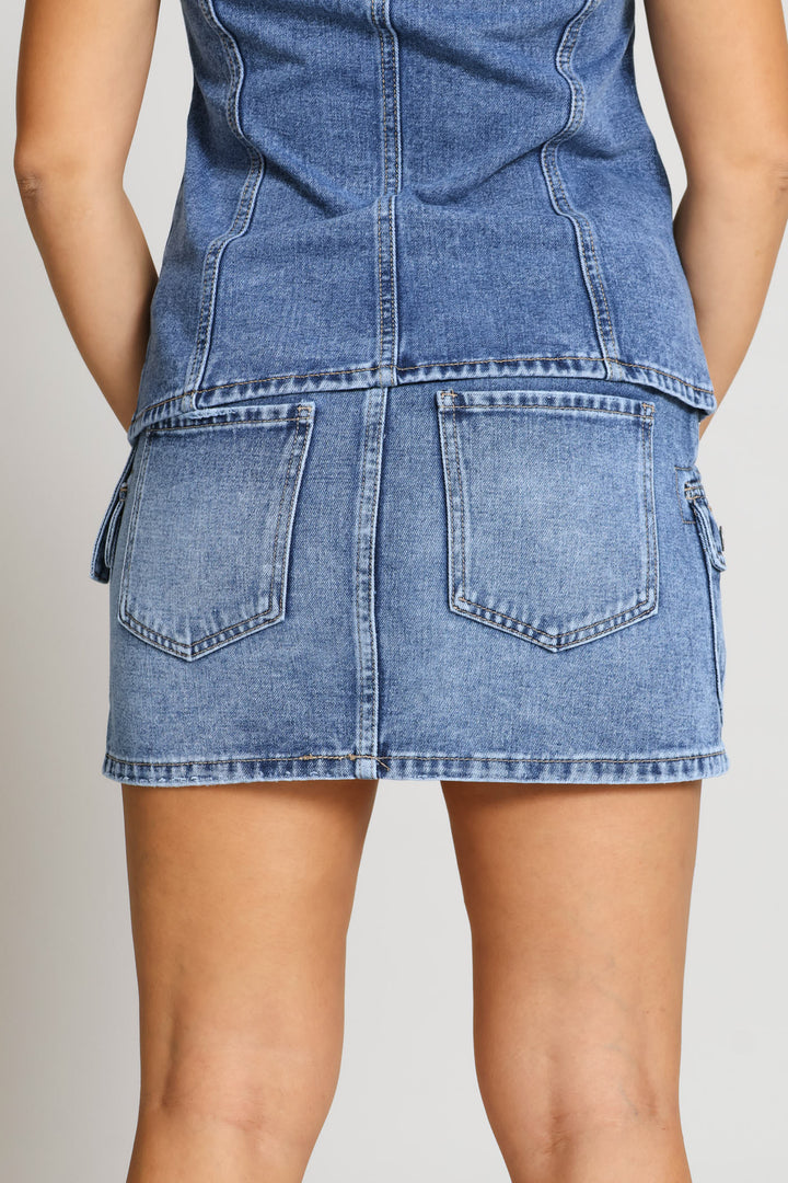Adjustable Waist Utility Cargo Mini Skirt - Salty Mid Wash
