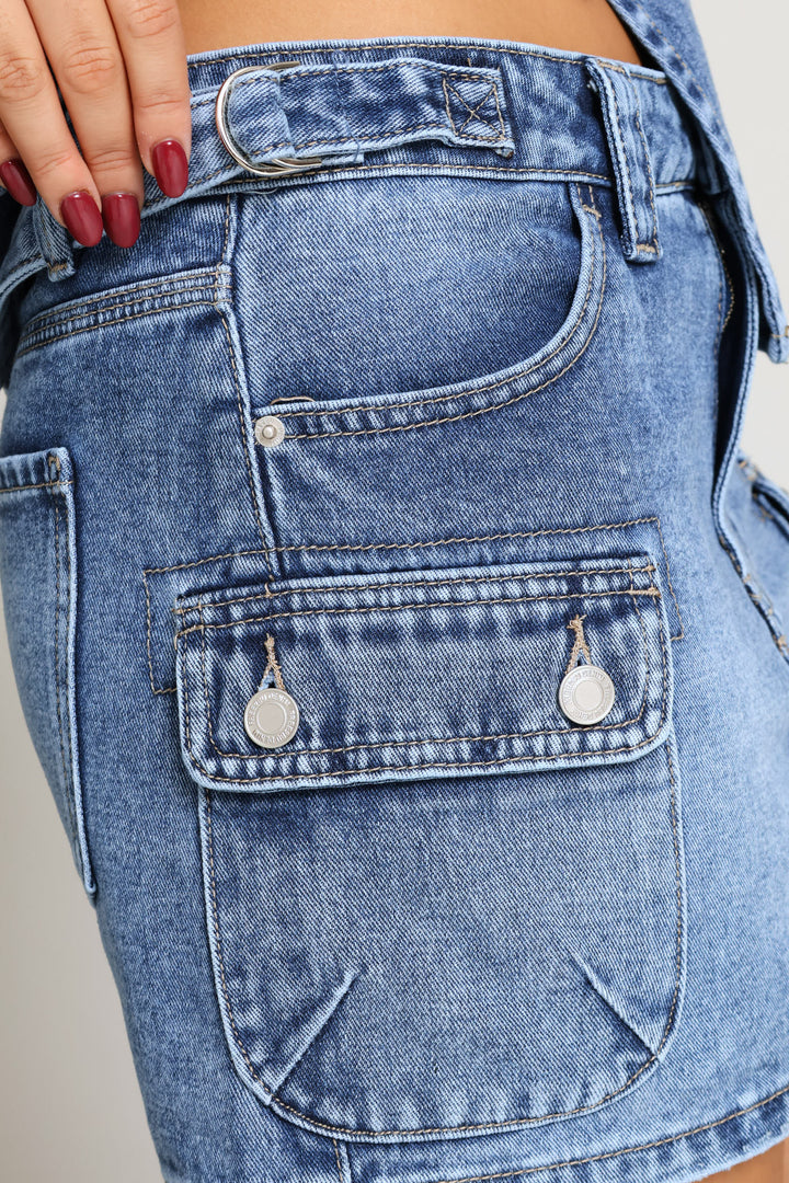 Adjustable Waist Utility Cargo Mini Skirt - Salty Mid Wash