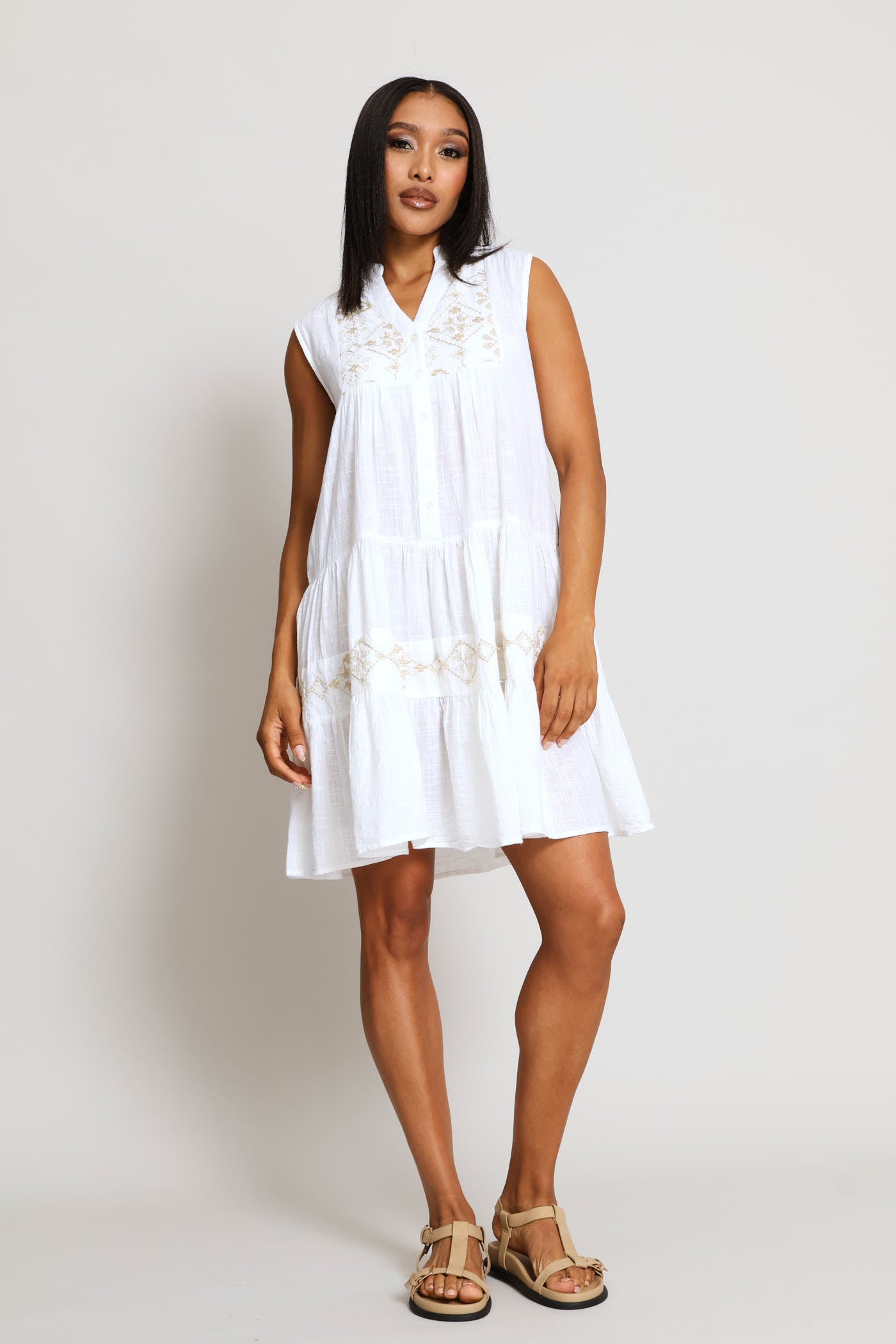 Ladies Sleeveless Key Hole Tiered A-Line Midi Dress - Off White