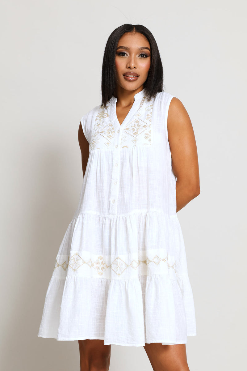 Sleeveless Key Hole Tiered A-Line Midi Dress - Off White