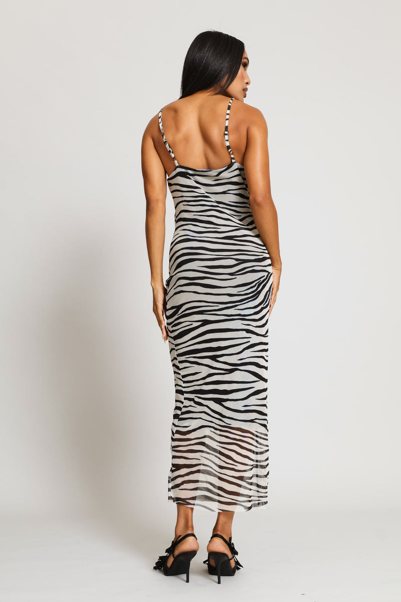 Cowl Neck Zebra Mesh Maxi Dress - Black/White