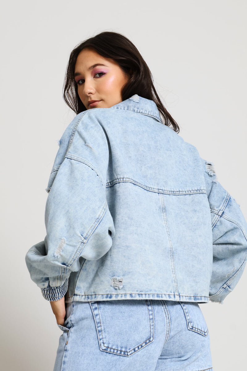 Abraised Denim Zip Through Jacket - Salty Light Wash