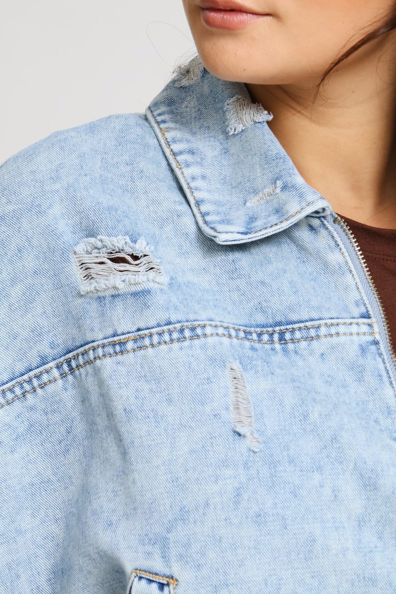 Abraised Denim Zip Through Jacket - Salty Light Wash