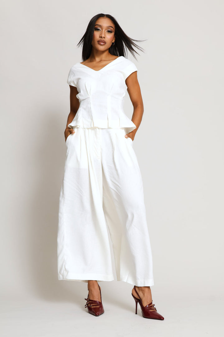 V-Neck Darted Peplum Shell Tank - Milk