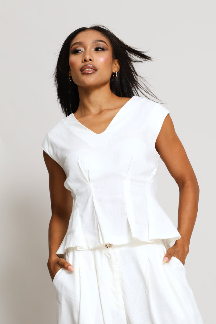 V-Neck Darted Peplum Shell Tank - Milk