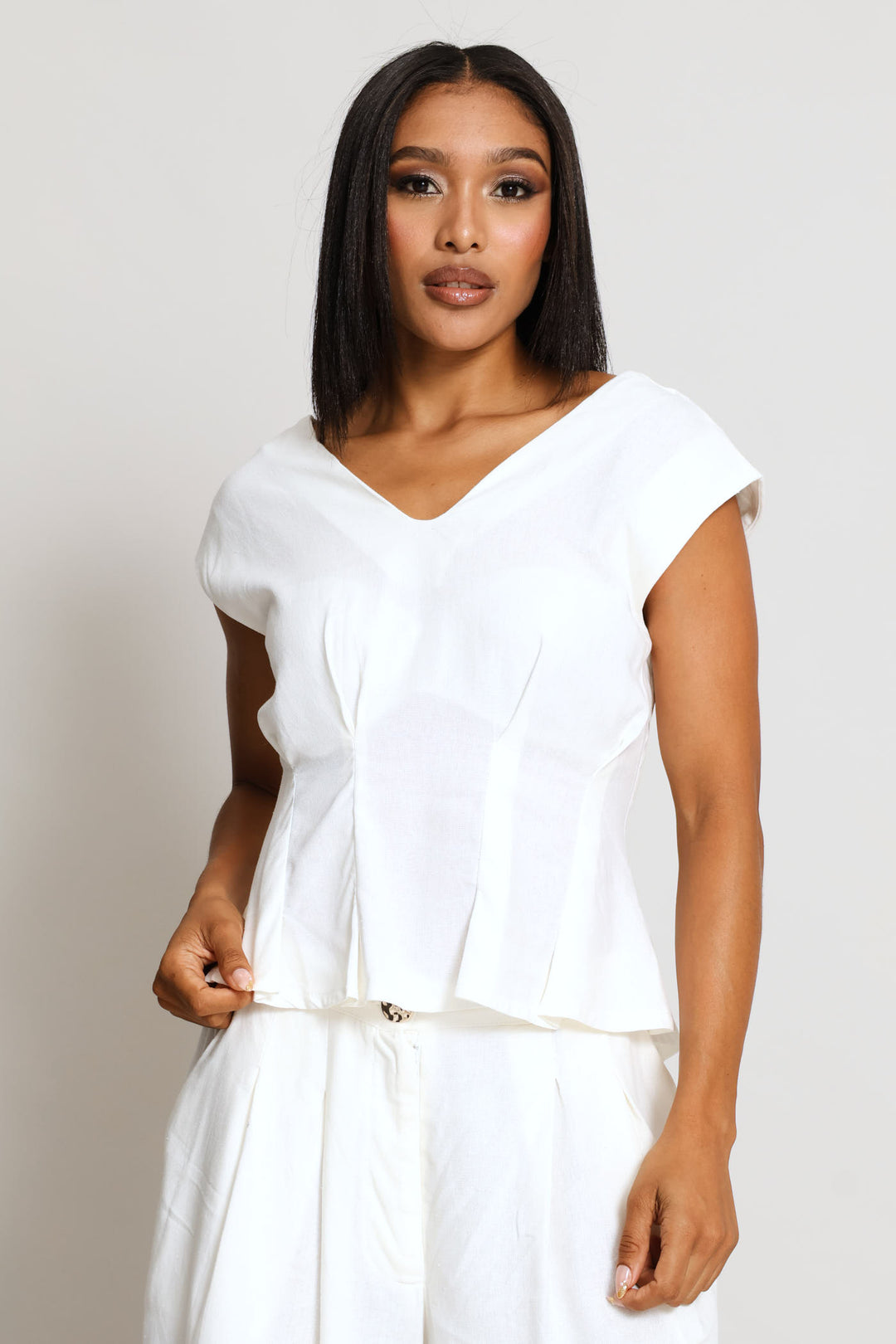 V-Neck Darted Peplum Shell Tank - Milk