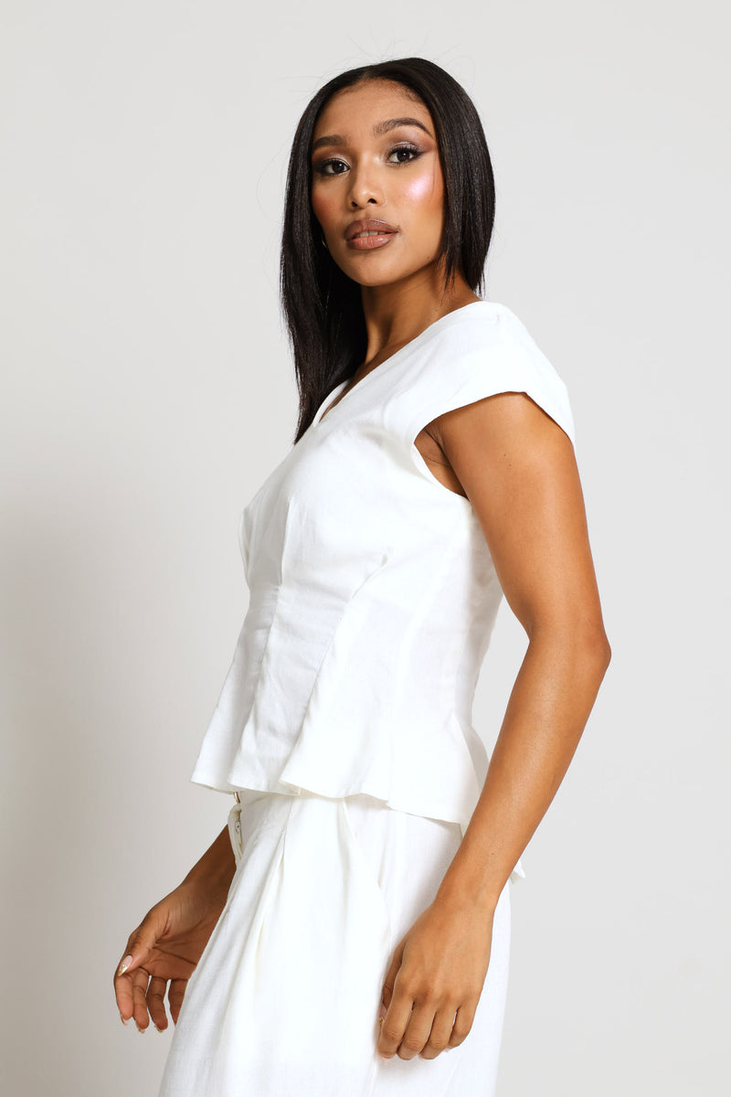 V-Neck Darted Peplum Shell Tank - Milk