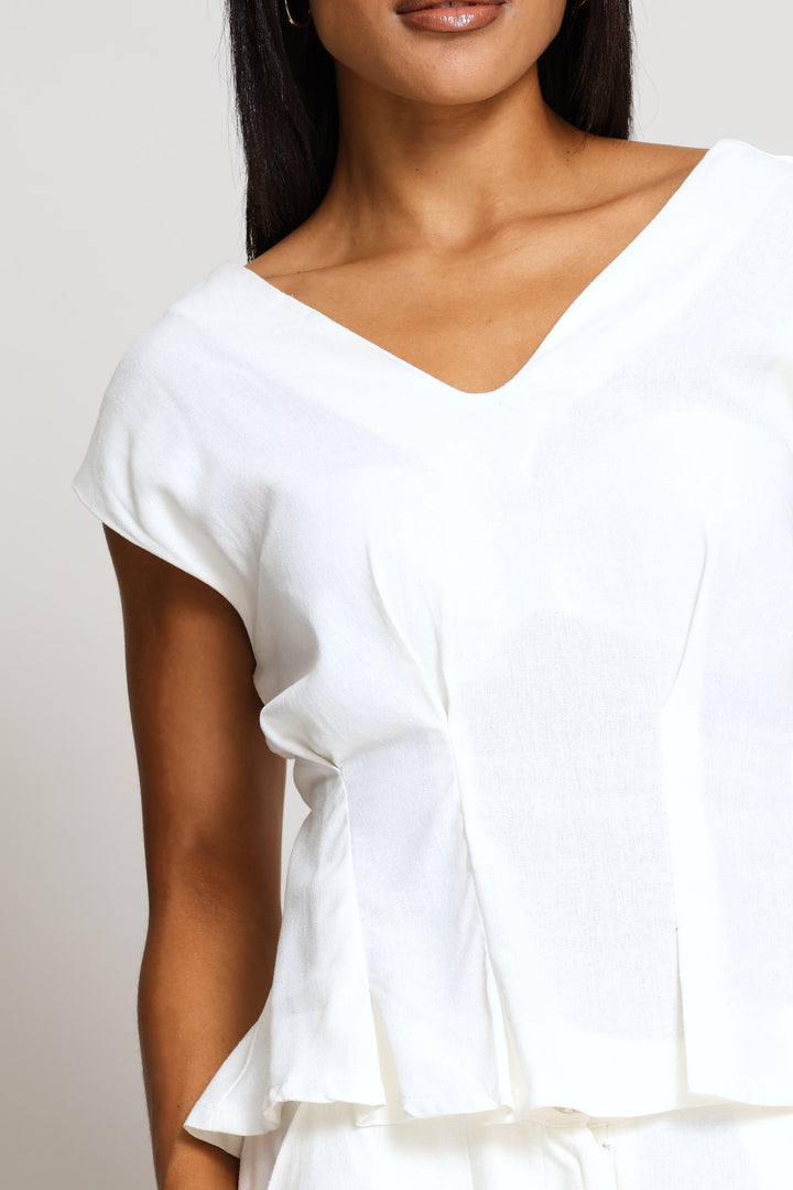 V-Neck Darted Peplum Shell Tank - Milk