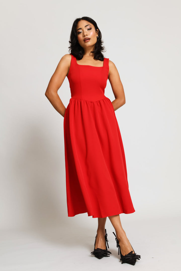 Sqaure Neck Flared Midi Dress - Red