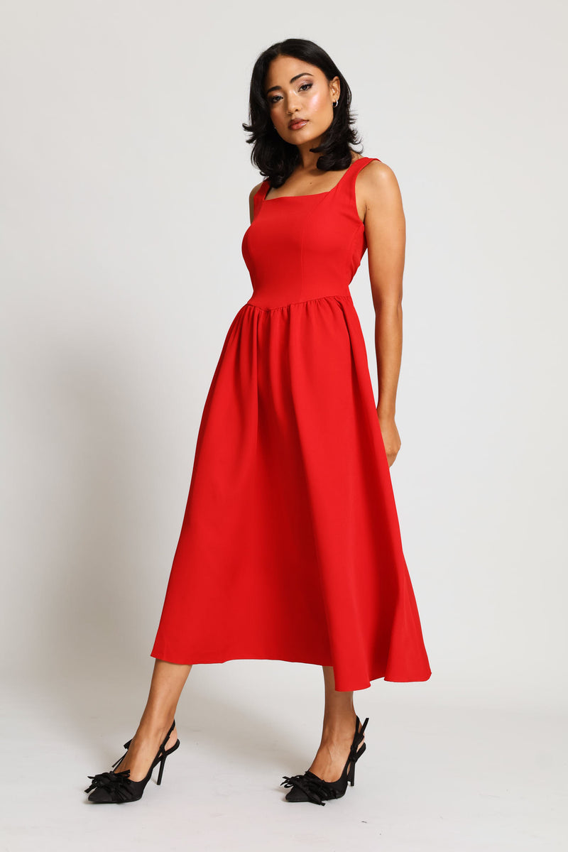Sqaure Neck Flared Midi Dress - Red