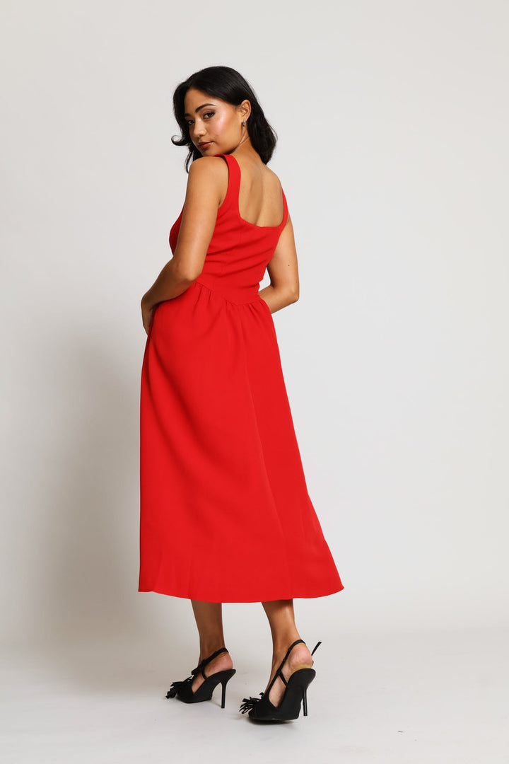 Sqaure Neck Flared Midi Dress - Red