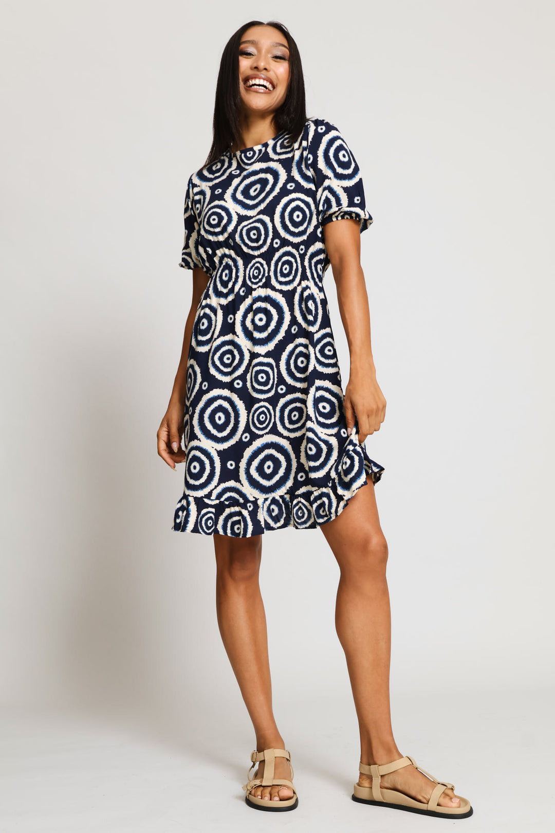 Puff Sleeve Shirred Waist Frill Hem Mini Dress - Navy