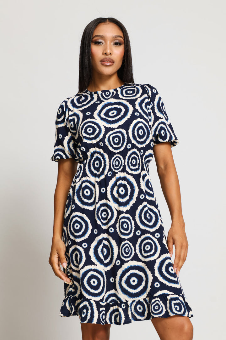 Puff Sleeve Shirred Waist Frill Hem Mini Dress - Navy