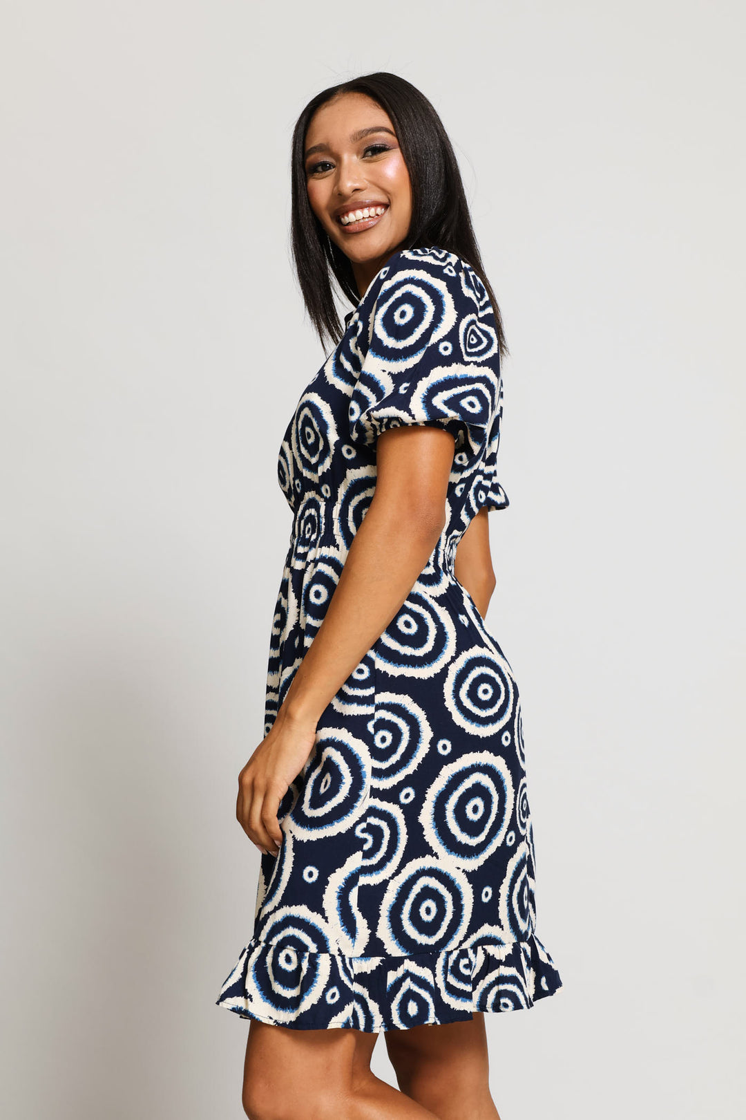 Puff Sleeve Shirred Waist Frill Hem Mini Dress - Navy