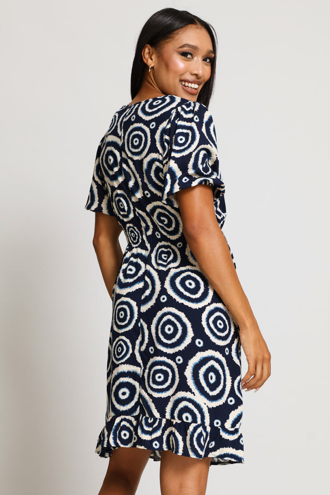 Puff Sleeve Shirred Waist Frill Hem Mini Dress - Navy