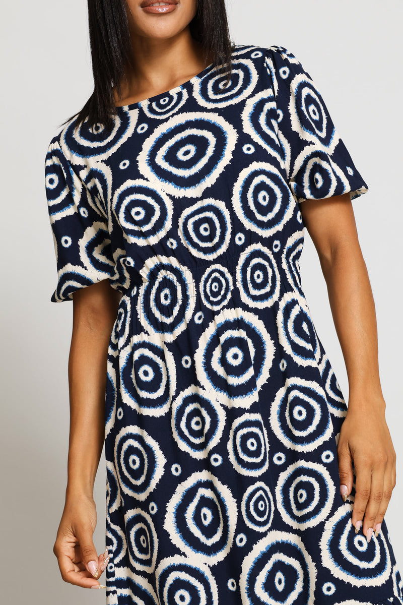 Puff Sleeve Shirred Waist Frill Hem Mini Dress - Navy