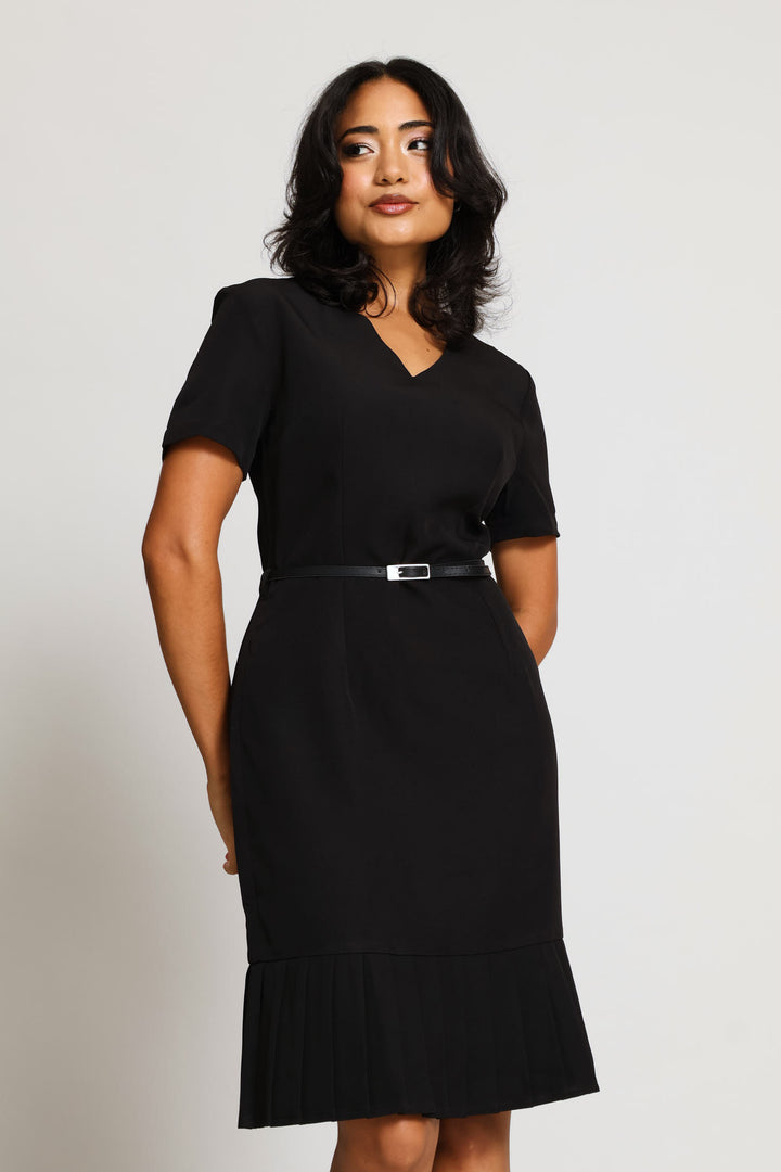 V-Neck Pleated Frill Hem Work Dress - Black