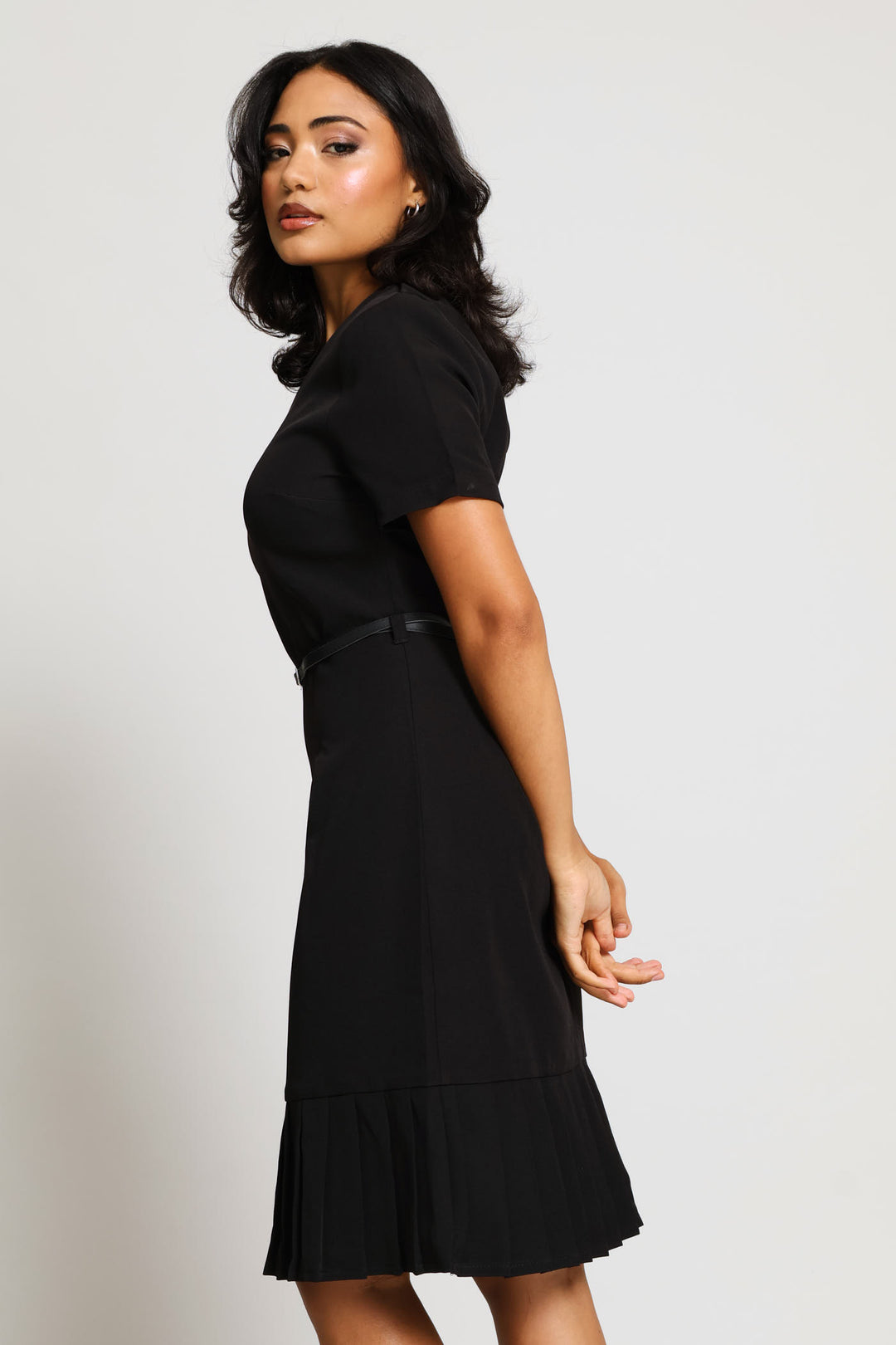 V-Neck Pleated Frill Hem Work Dress - Black