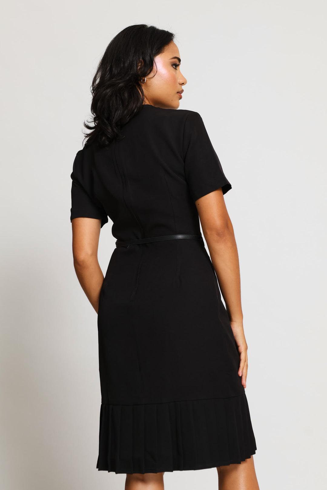 V-Neck Pleated Frill Hem Work Dress - Black