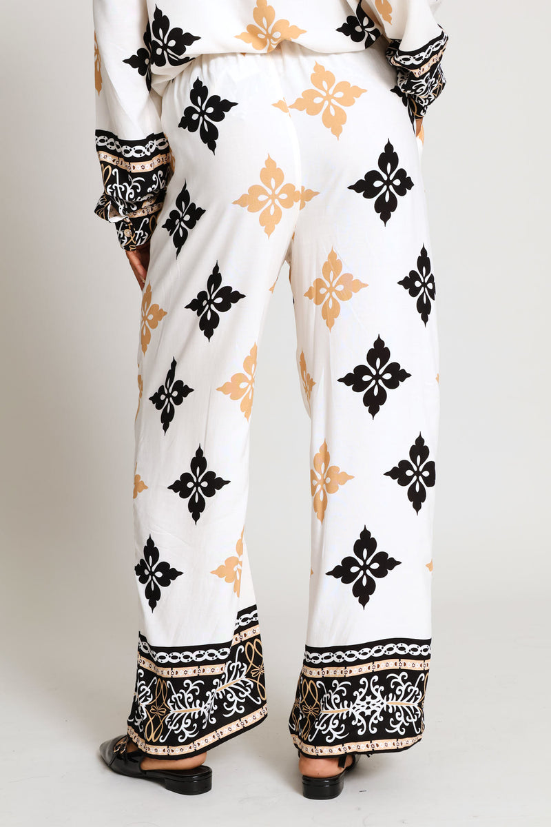 Printed Border Pullon Wideleg Pants - Cream/Multi