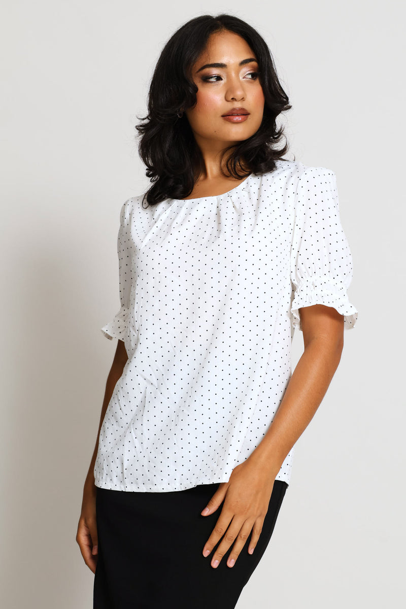 Pleat Neck Spot Puff Sleeve Blouse - Cream/Black