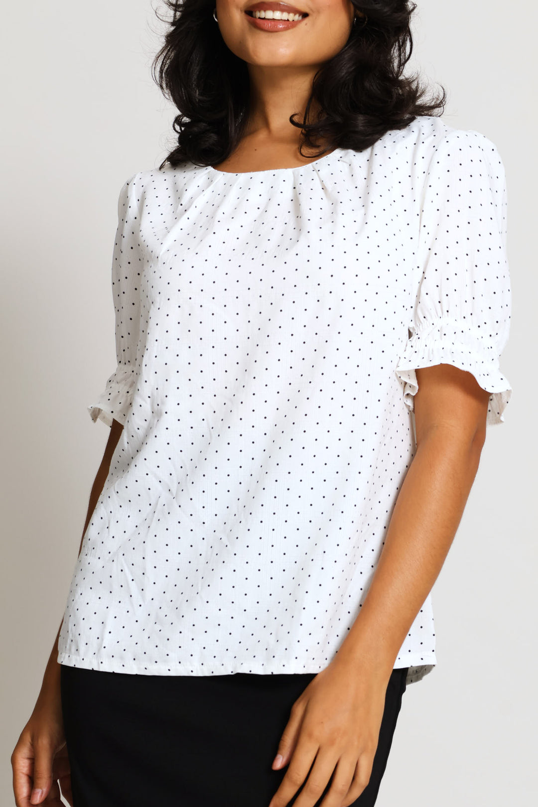 Pleat Neck Spot Puff Sleeve Blouse - Cream/Black
