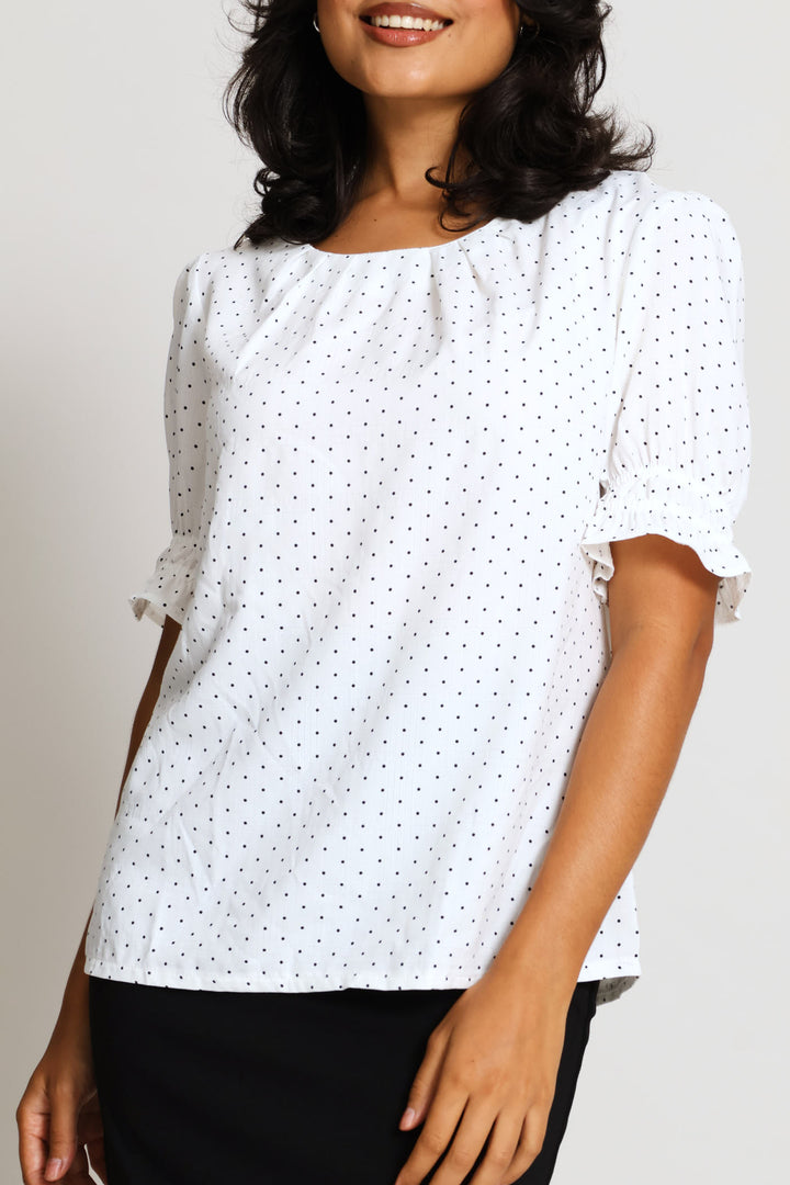 Pleat Neck Spot Puff Sleeve Blouse - Cream/Black