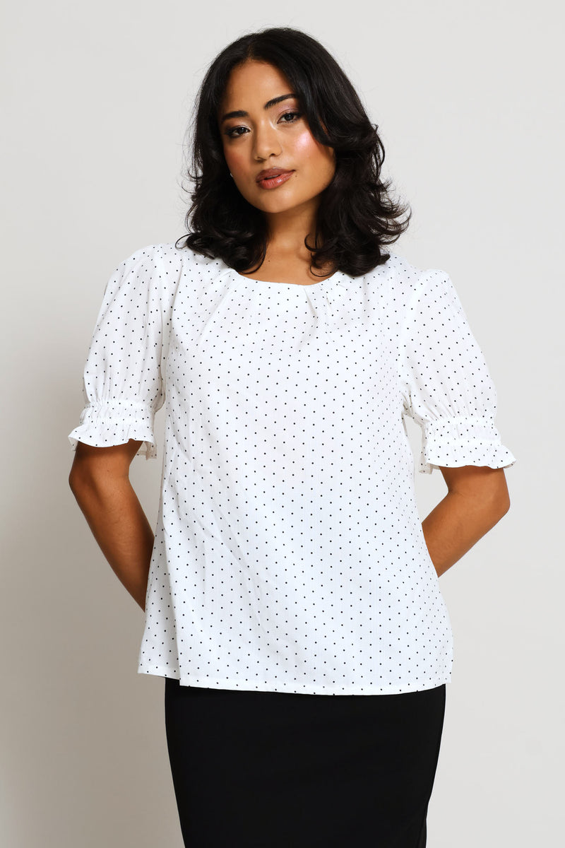Pleat Neck Spot Puff Sleeve Blouse - Cream/Black